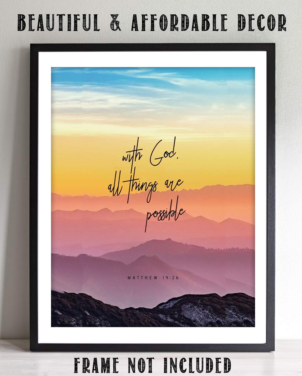 With God, All Things Are Possible- Matthew 19:26. Bible Verse Wall Art- 8x10" Colorful Mountain Range Image-Ready to Frame. Scripture Wall Decor for Home-Office. Great Gift-Inspirational Art Verse.