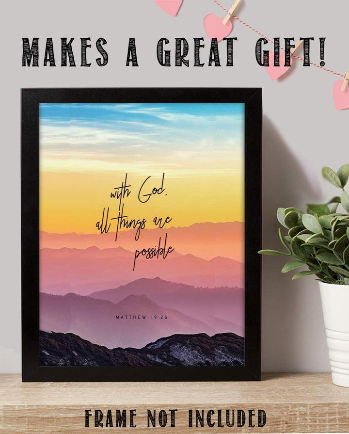 With God, All Things Are Possible- Matthew 19:26. Bible Verse Wall Art- 8x10" Colorful Mountain Range Image-Ready to Frame. Scripture Wall Decor for Home-Office. Great Gift-Inspirational Art Verse.