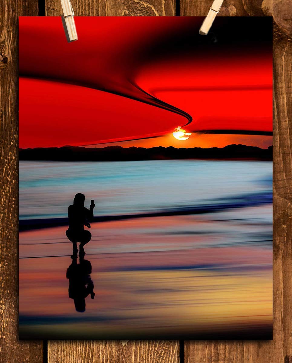 Perfect Pastels Beach Sunset-8 x 10" Print Wall Decor Art-Ready to Frame. Home-Office-Study D?cor. Girl Capturing Beautiful Neon Sunset-Cloud Swirls. Beautiful Gift for Nature-Beach-Photography Lovers