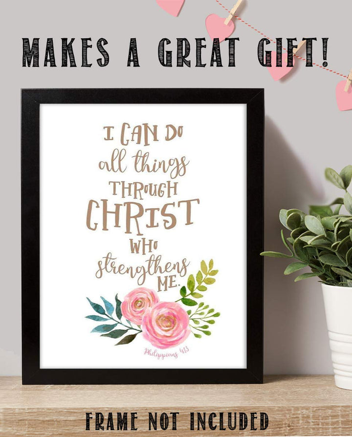 I Can Do ALL Things Thru Christ Philippians 4:13- Bible Verse Wall Art- 8x10"- Scripture Wall Print-Ready to Frame. Modern Floral Design. Home Decor-Office D?cor-Christian Gifts. God Gives Us Power!