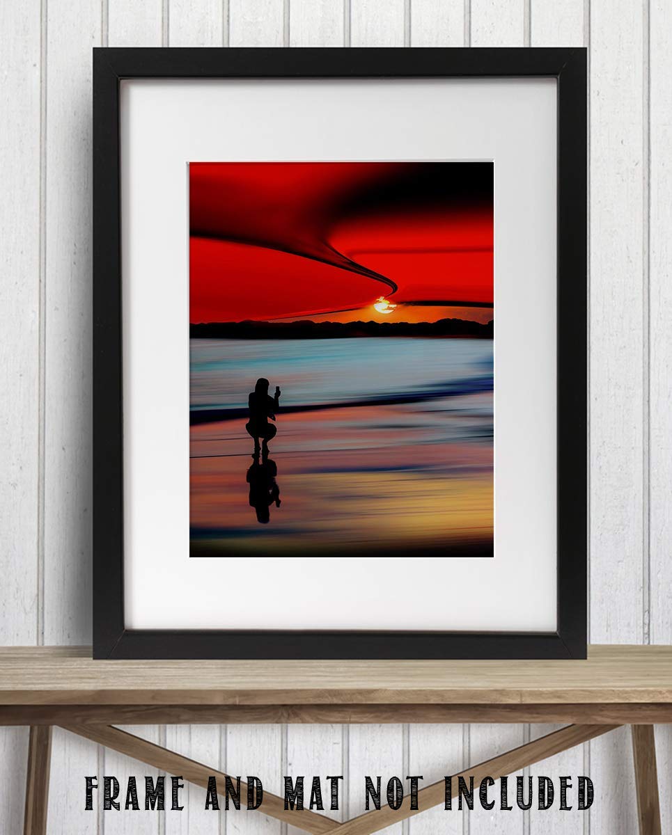 Perfect Pastels Beach Sunset-8 x 10" Print Wall Decor Art-Ready to Frame. Home-Office-Study D?cor. Girl Capturing Beautiful Neon Sunset-Cloud Swirls. Beautiful Gift for Nature-Beach-Photography Lovers