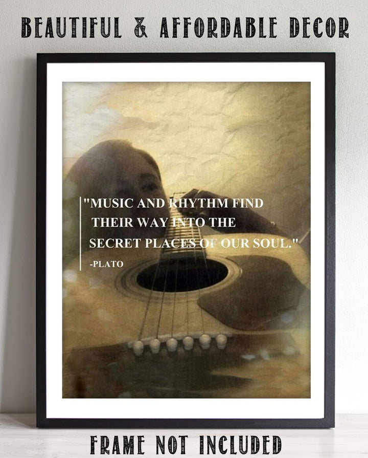 Plato Music Quotes Wall Art- 8 x 10" Wall Print-"Music &amp; Rhythm Find Their Way Into Our Secret Soul" Guitar Art-Ready to Frame. Home, Class &amp; Office D?cor. Perfect Gift for Inspiration &amp; Philosophy.