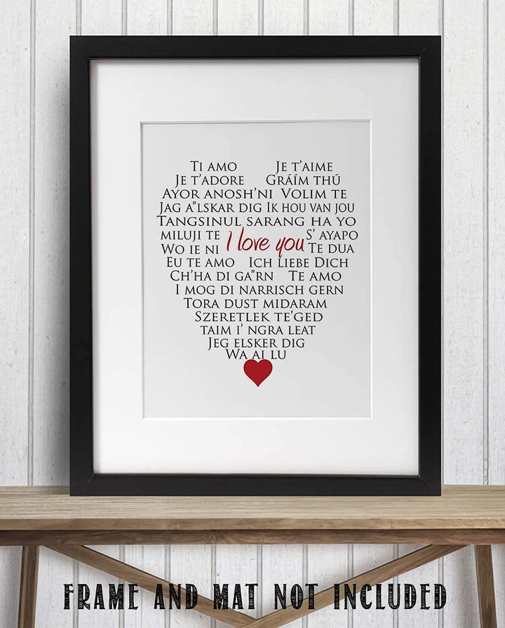 I Love You In Many Languages- Heart Word Art- 8 x10" Wall Art Print- Ready To Frame. Perfect Spouse-Partner Gift. Home Decor- Office Decor. Give a Lasting Gift &amp; Constant Reminder of Your Love.