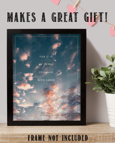 ?For It Is By Grace You Have Been Saved?- Ephesians 2:8- Bible Verse Wall Art- 8 x 10" Modern Typographic Design. Scripture Wall Print-Ready to Frame. Home-Office-Church D?cor. Perfect Christian Gift!