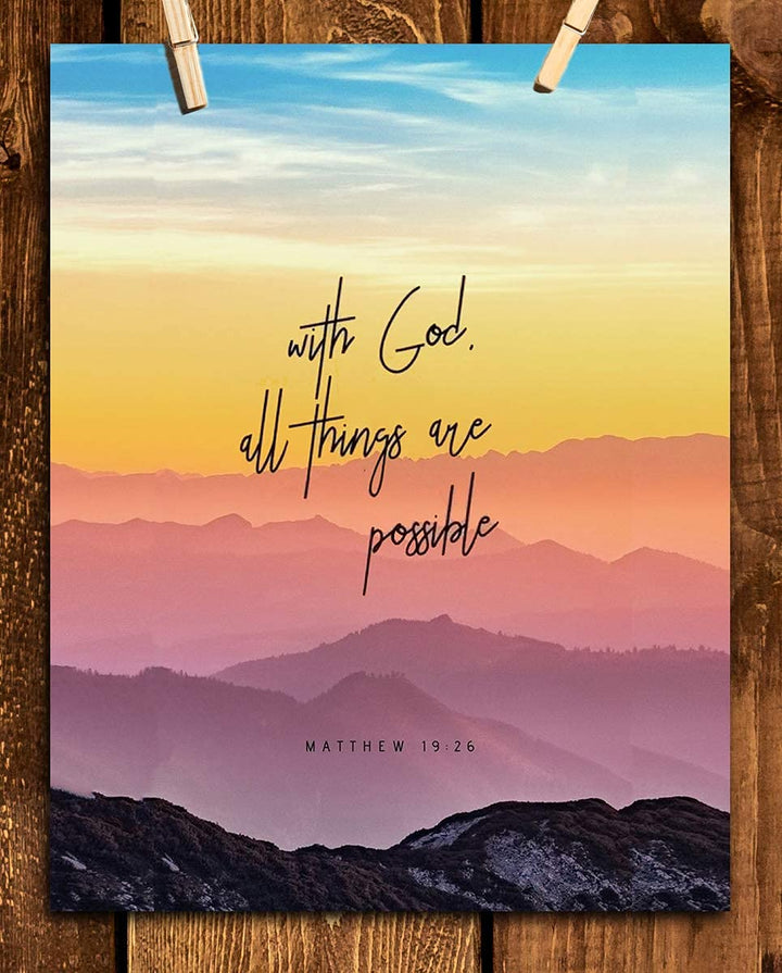 With God, All Things Are Possible- Matthew 19:26. Bible Verse Wall Art- 8x10" Colorful Mountain Range Image-Ready to Frame. Scripture Wall Decor for Home-Office. Great Gift-Inspirational Art Verse.