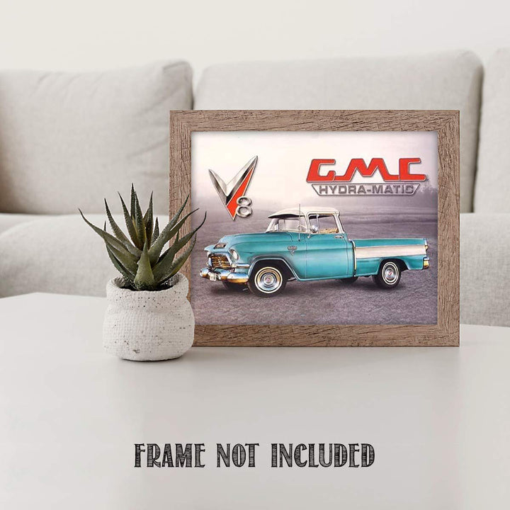 GMC Hydramatic Truck Sign Print- 8 x10" Wall Decor Image- Ready To Frame. Retro Sign Replica. Gifts for Men-Home Decor-Office Decor. Perfect for Man Cave-Game Room-Garage.