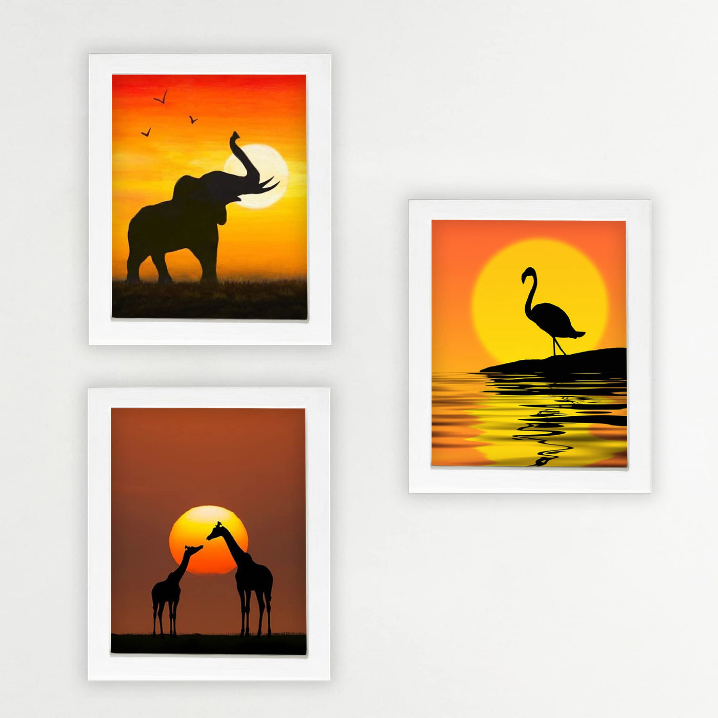 African Wildlife Safari Sunsets- 3 Image Set- 8 x 10's- Prints Wall Art- Ready to Frame. Beautiful Photo Wall Decor for Home-Office-Nursery. Elephant, Giraffes & Flamingo in Sunset Pose. Great Gift!