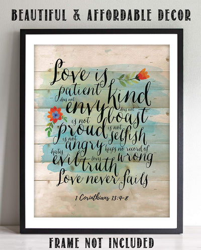 Love is Patient-Kind-Never Fails- 1 Corinthians 13: 4-8. Bible Verse Wall Art- 8x10" Modern Floral-Rustic Design. Scripture Wall Print-Ready to Frame. Home-Office-Church D?cor. Great Christian Gift!