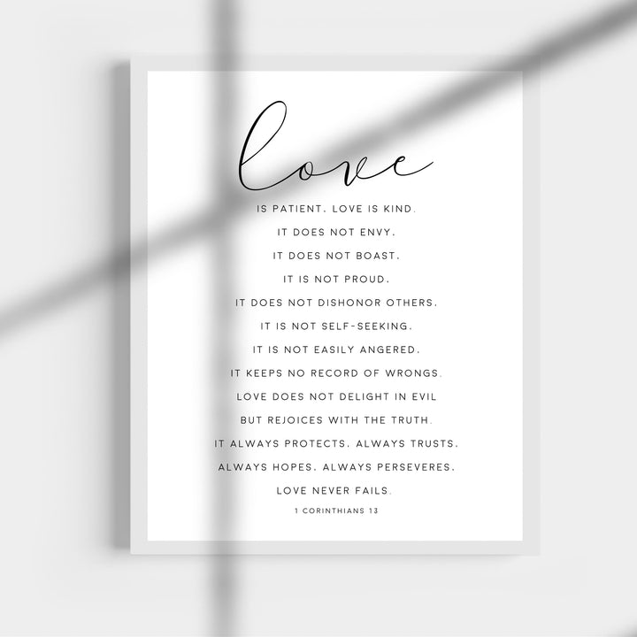 "Love is Patient &amp; Kind"- Christian Bible Verse Wall Art Decor -Scripture Typography Print- Ready to Frame. Home-Office Decor. Perfect Wedding &amp; Anniversary Gift! 1 Corinthians 13:4–8.