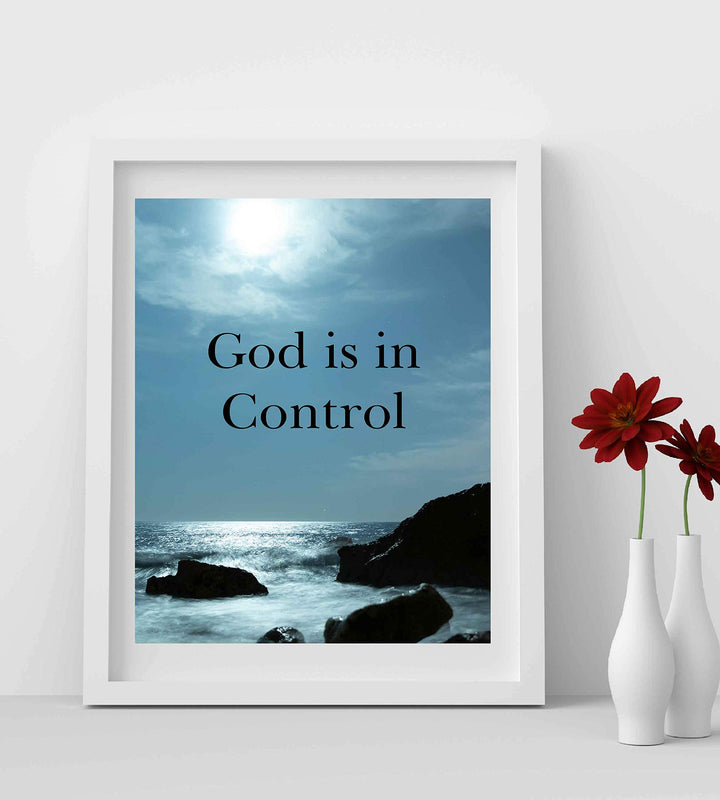 God Is In Control?-Inspirational Christian Wall Art-8 x 10 Typographic Print with Ocean Photo-Ready to Frame. Religious Decor for Home-Office-Church. Great Spiritual Gift &amp; Reminder to Have Faith!