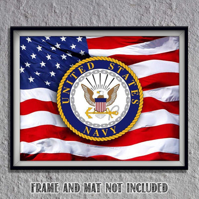 US Navy Emblem on USA Flag- 8 x 10"- Wall Art Prints- Ready To Frame- Official Navy Seal and Old Glory Proudly Waving-Replica Poster Prints. Home-Office-Military Decor. Display Your Pride & Respect.