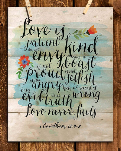 Love is Patient-Kind-Never Fails- 1 Corinthians 13: 4-8. Bible Verse Wall Art- 8x10" Modern Floral-Rustic Design. Scripture Wall Print-Ready to Frame. Home-Office-Church D?cor. Great Christian Gift!