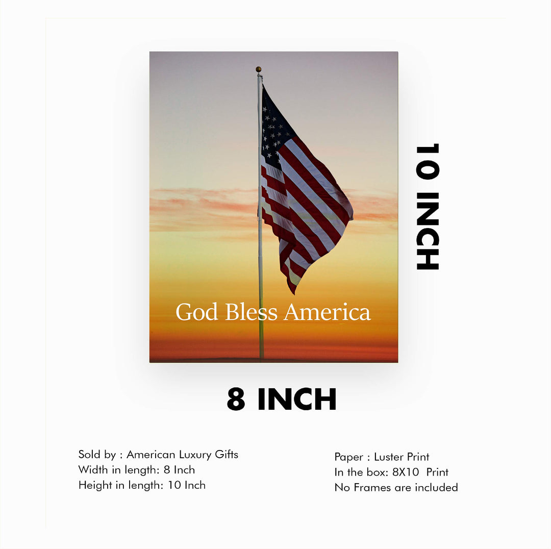 God Bless America-American Flag Sunset Photo Print -8 x 10" Patriotic Poster Print-Ready to Frame. Typographic Wall Art Decor for Home-Office-Library-School-Man Cave. Display Your Patriotism!