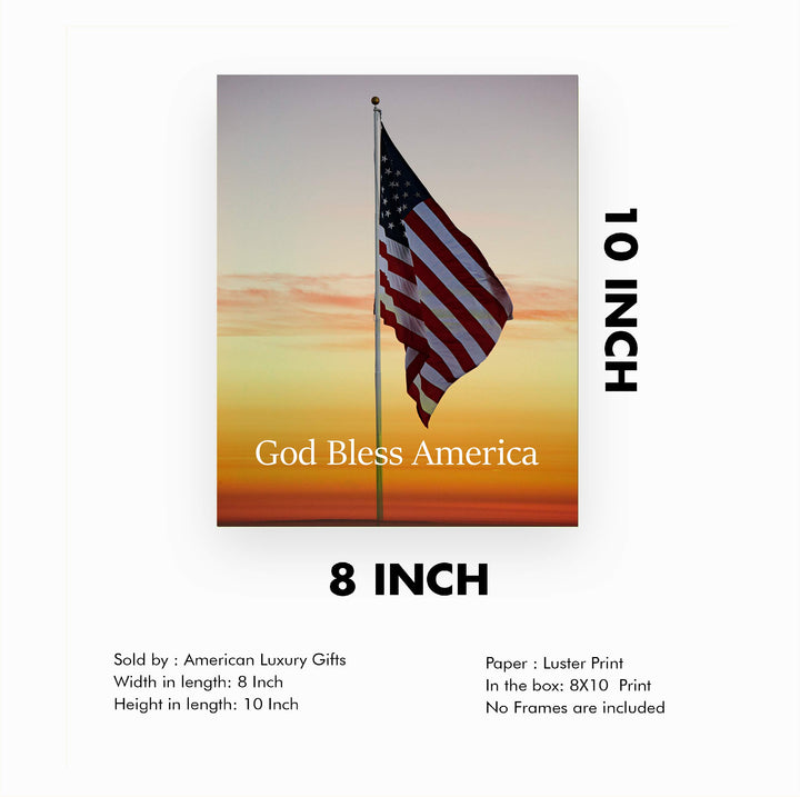 God Bless America-American Flag Sunset Photo Print -8 x 10" Patriotic Poster Print-Ready to Frame. Typographic Wall Art Decor for Home-Office-Library-School-Man Cave. Display Your Patriotism!