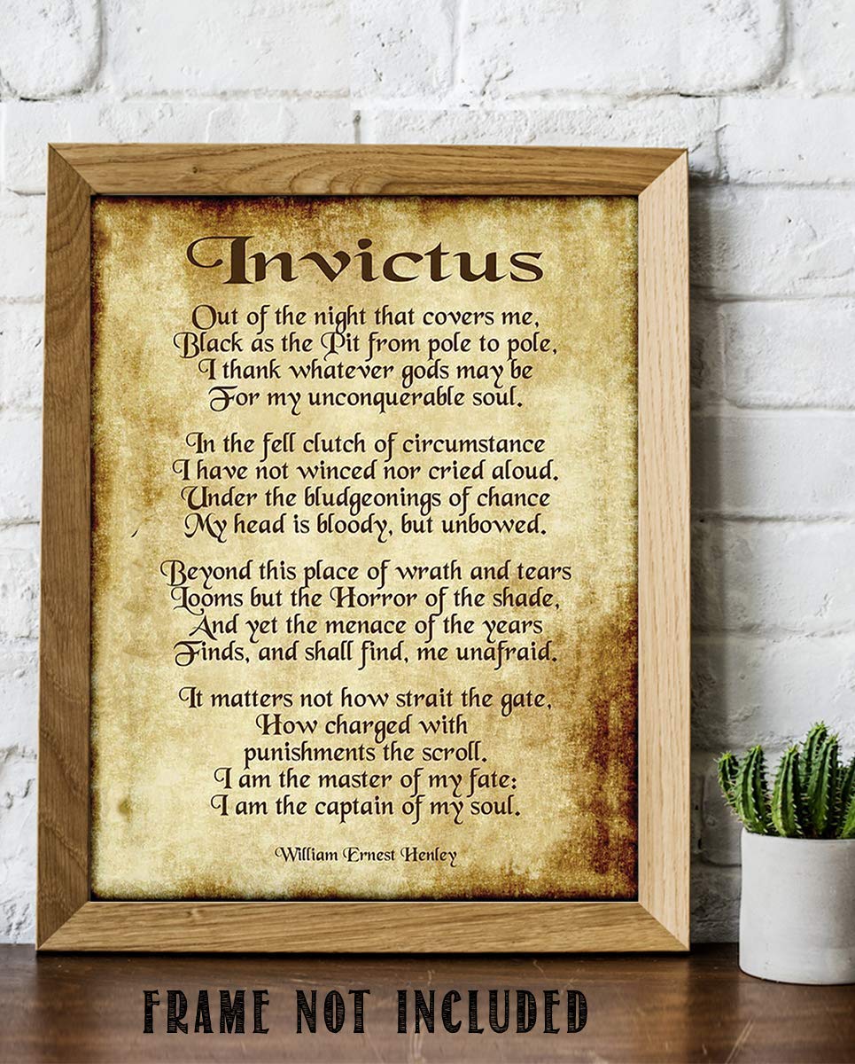 Invictus by William Henley-Poetry Wall Art- 8 x 10" Wall Print Decor. Scripted Font Poem on Replica Distressed Parchment Print-Ready To Frame. Home-Bedroom-Office Decor. Great Gift for Poetry Fans!