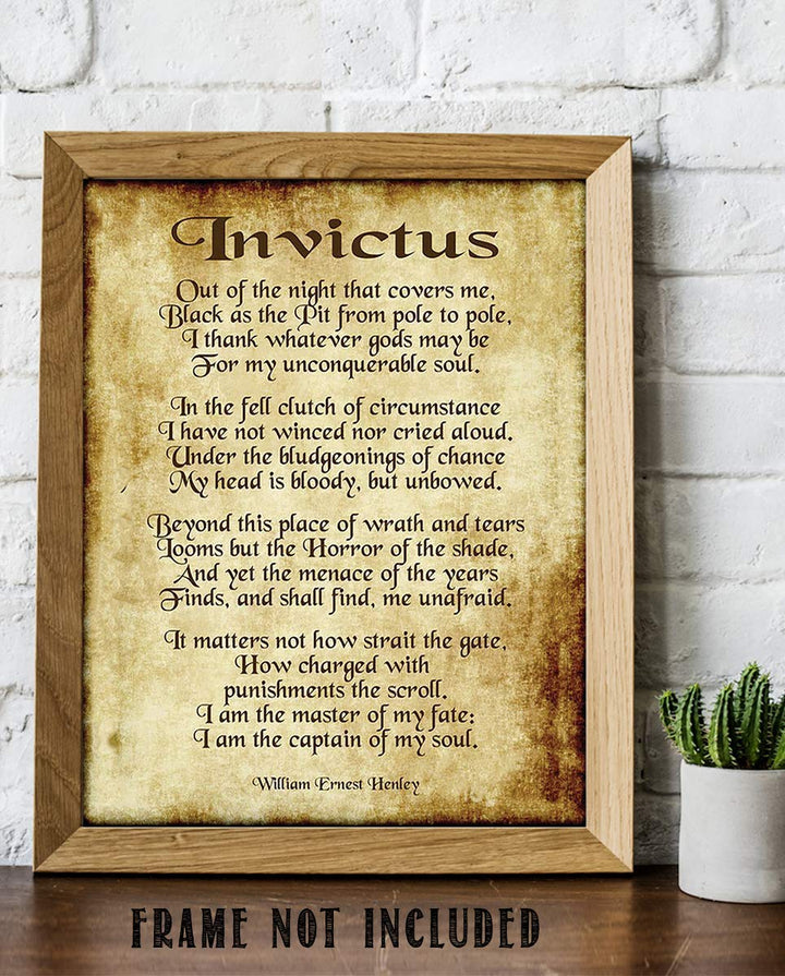 Invictus by William Henley-Poetry Wall Art- 8 x 10" Wall Print Decor. Scripted Font Poem on Replica Distressed Parchment Print-Ready To Frame. Home-Bedroom-Office Decor. Great Gift for Poetry Fans!