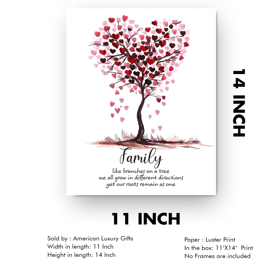Family -Our Roots Remain As One Tree of Hearts Wall Art Sign -11 x 14" Inspirational Poster Print -Ready to Frame. Perfect Home-Welcome-Cabin-Lake-Living Room Decor. Great Housewarming Gift!