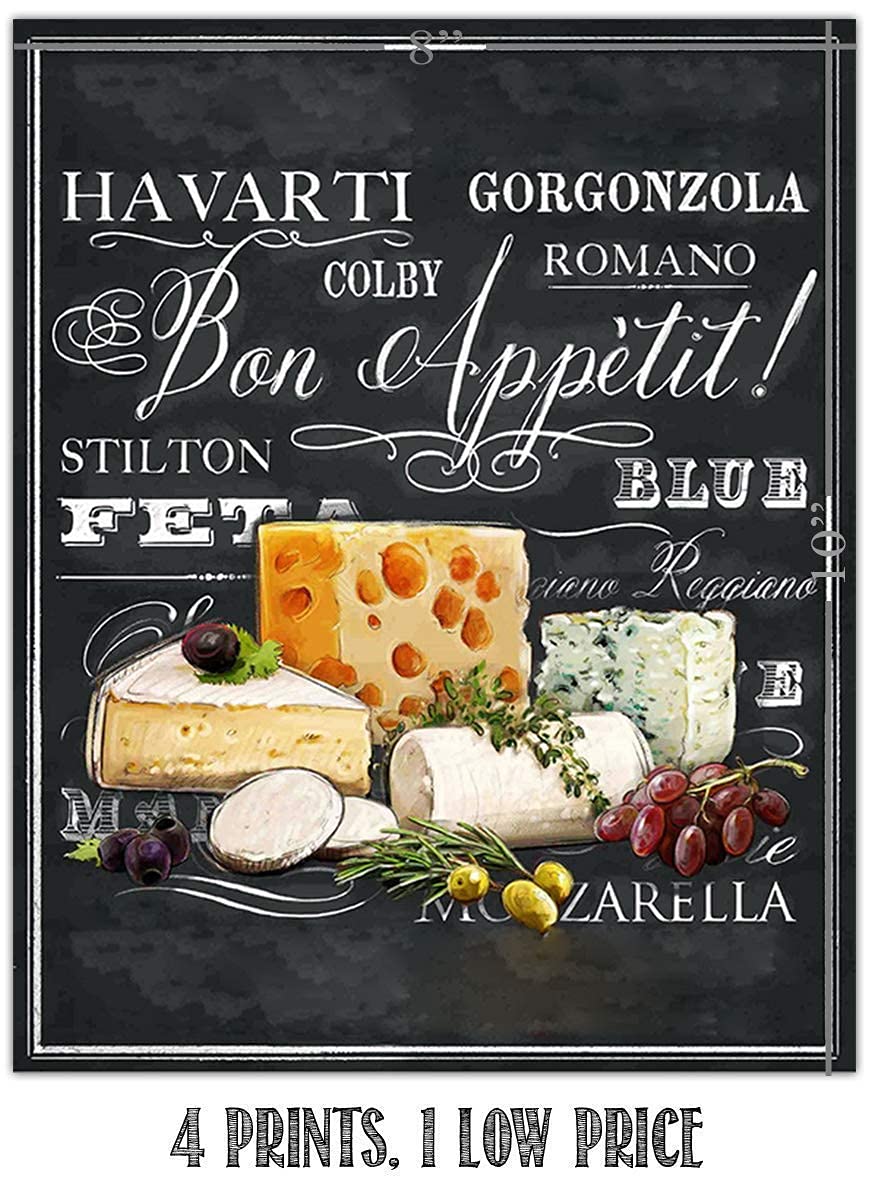 Wine &amp; Cheese Varieties Chalkboard Replica Prints Set (4)- 8 x 10"s Wall Art Prints-Ready to Frame. Home D?cor, Wine Decor &amp; Dining Wall Decor. Perfect For Wine Lovers &amp; Upscale Bars. Classy Addition!