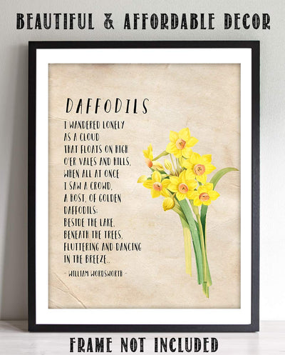 Daffodils-I Wandered Lonely as a Cloud by William Wordsworth-Poetic Wall Art Print-8 x 10" Wall Decor-Ready to Frame. Rustic Floral Daffodil Design. Home-Office-Library Decor. Great Poetry Art Gift!