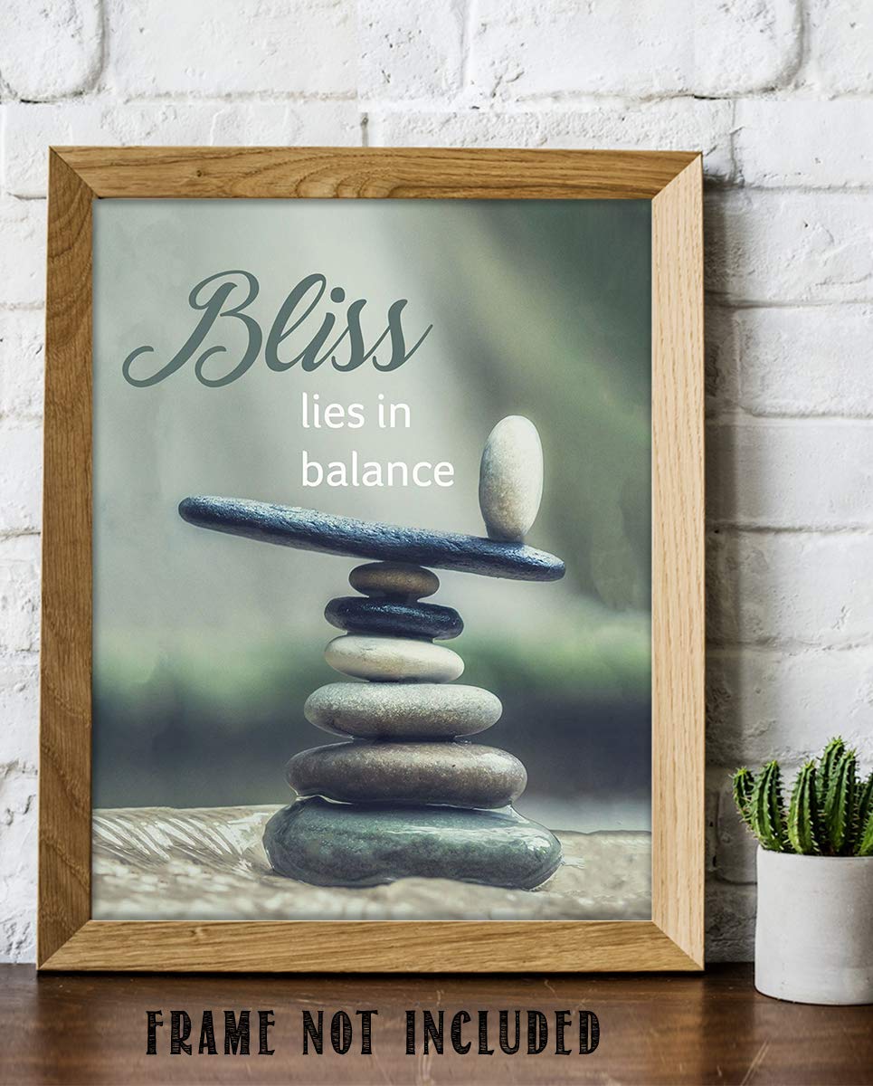 Bliss Lies in Balance- Motivational Wall Art Sign-8 x 10"- Modern Nature Photo-Graphic Print of Stacking Stones- Ready to Frame. Inspirational Home- Office- Classroom Decor. Great Reminder For All.