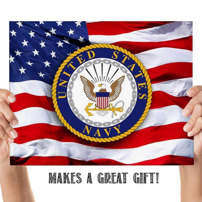 US Navy Emblem on USA Flag- 8 x 10"- Wall Art Prints- Ready To Frame- Official Navy Seal and Old Glory Proudly Waving-Replica Poster Prints. Home-Office-Military Decor. Display Your Pride & Respect.