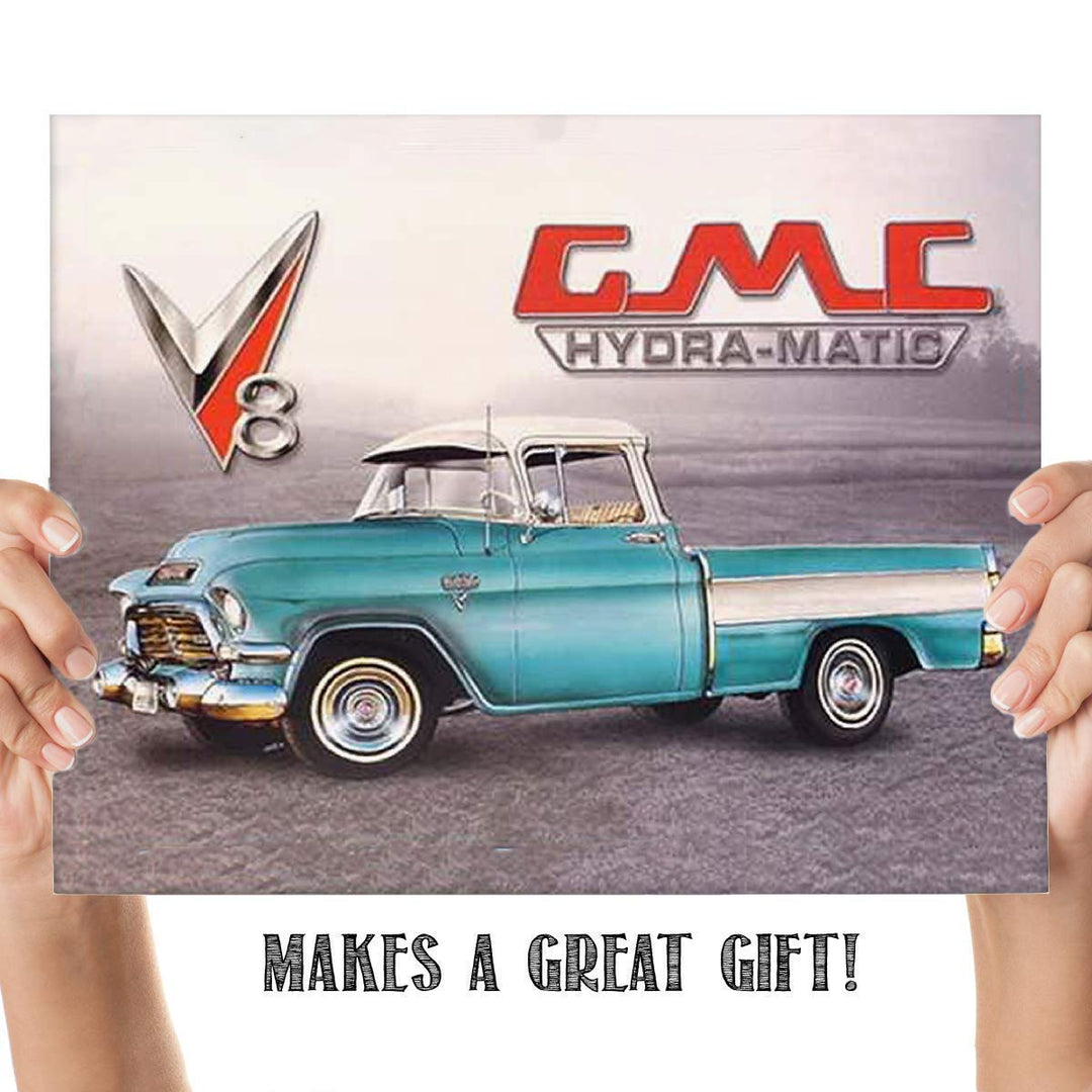 GMC Hydramatic Truck Sign Print- 8 x10" Wall Decor Image- Ready To Frame. Retro Sign Replica. Gifts for Men-Home Decor-Office Decor. Perfect for Man Cave-Game Room-Garage.