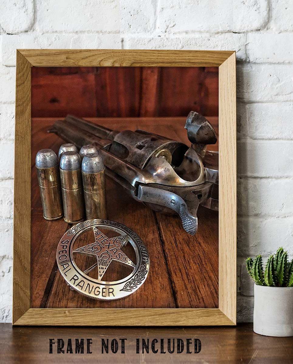 Texas Ranger Badge, Bullets &amp; Revolver- Western Photo Print- 8 x 10" Wall Art-Ready to Frame. Retro Western Decor for Home-Office-Garage-Man Cave-Bar. Perfect Collectible for Lawmen &amp; Outlaws.