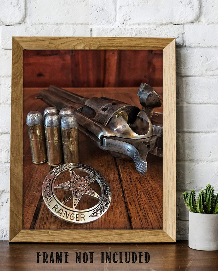 Texas Ranger Badge, Bullets &amp; Revolver- Western Photo Print- 8 x 10" Wall Art-Ready to Frame. Retro Western Decor for Home-Office-Garage-Man Cave-Bar. Perfect Collectible for Lawmen &amp; Outlaws.