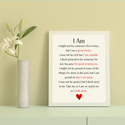 I Am Valuable- Inspirational Quotes Wall Art Print -10x8"-Ready to Frame. Motivational Word Wall Sign. Home-Office-School Decor. Great Sign For Building Confidence!