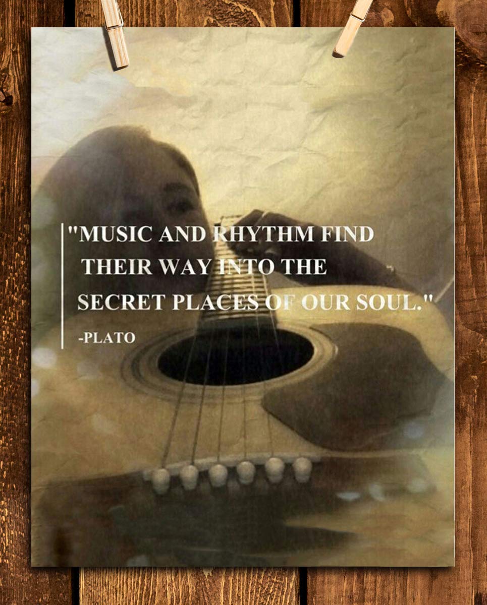 Plato Music Quotes Wall Art- 8 x 10" Wall Print-"Music &amp; Rhythm Find Their Way Into Our Secret Soul" Guitar Art-Ready to Frame. Home, Class &amp; Office D?cor. Perfect Gift for Inspiration &amp; Philosophy.