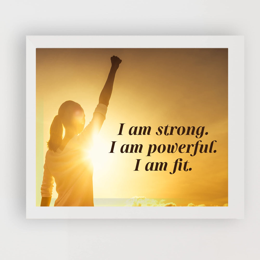 I Am Strong, Powerful, &amp; Fit Motivational Quotes Wall Art -10x8" Exercise &amp; Fitness Sunset Print -Ready to Frame. Inspirational Decor for Home-Office-School-Gym-Studio. Great Gift for Motivation!