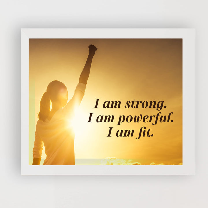 I Am Strong, Powerful, &amp; Fit Motivational Quotes Wall Art -10x8" Exercise &amp; Fitness Sunset Print -Ready to Frame. Inspirational Decor for Home-Office-School-Gym-Studio. Great Gift for Motivation!