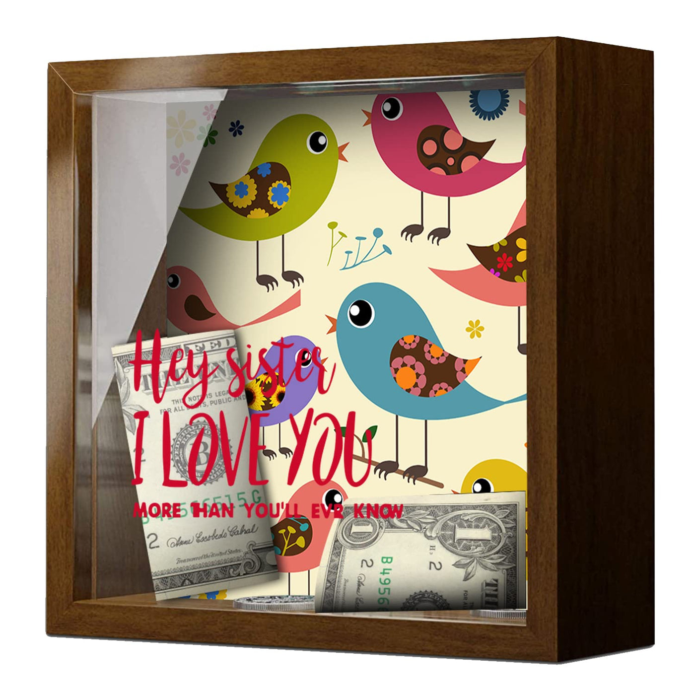 Hey Sister-I Love You Shadow Box Wall Decor - 6x6x2" Wooden Sister Themed Display Case - Keepsake Piggy Bank Gift for Home, Teen Girl Bedroom, Girls Room Decoration. Fun Gift Idea for Sisters!