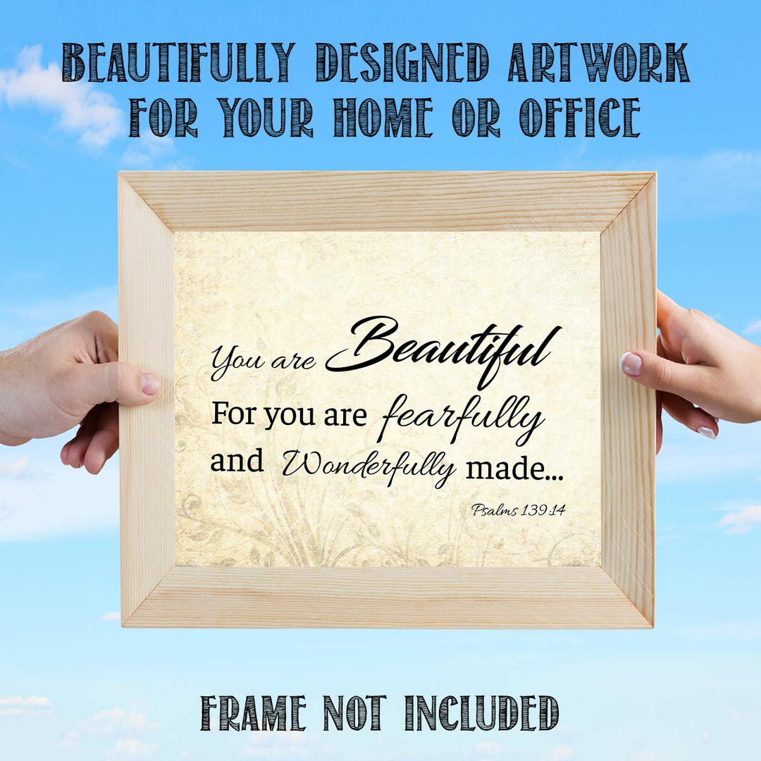 You are Beautiful. Fearfully &amp; Wonderfully Made-Psalm 139:14- Bible Verse Wall Art. 10 x 8"-Scripture Wall Print-Ready to Frame. Modern Typographic Floral Design. Home-Office D?cor. Christian Gifts.