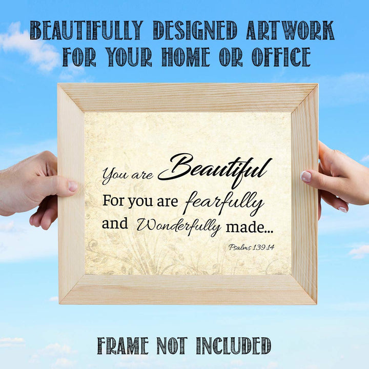 You are Beautiful. Fearfully &amp; Wonderfully Made-Psalm 139:14- Bible Verse Wall Art. 10 x 8"-Scripture Wall Print-Ready to Frame. Modern Typographic Floral Design. Home-Office D?cor. Christian Gifts.