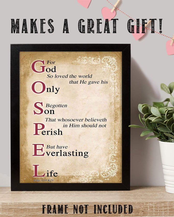 Gospel Sign- For God So Loved the World- John 3:16-Bible Verse Wall Art. 8 x 10"-Scripture Wall Print-Ready to Frame. Distressed Typographic-Parchment Design. Home-Office-Church D?cor. Best Verse!