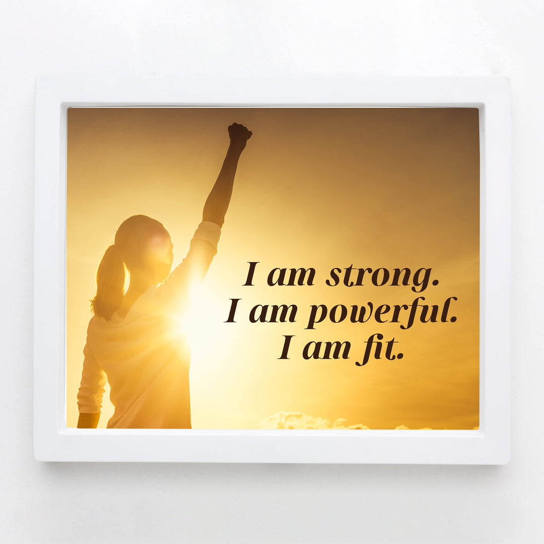 I Am Strong, Powerful, &amp; Fit Motivational Quotes Wall Art -10x8" Exercise &amp; Fitness Sunset Print -Ready to Frame. Inspirational Decor for Home-Office-School-Gym-Studio. Great Gift for Motivation!