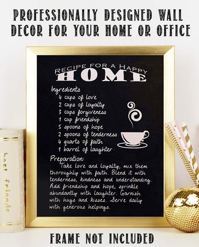 Recipe For Happy Home- Family Wall Art Sign- 8 x 10"- Replica Sign Print- Ready to Frame. Fun Home-Kitchen-Family Room Decor. Mix All the Ingredients-Love-Faith-Laughter. Perfect Housewarming Gift.