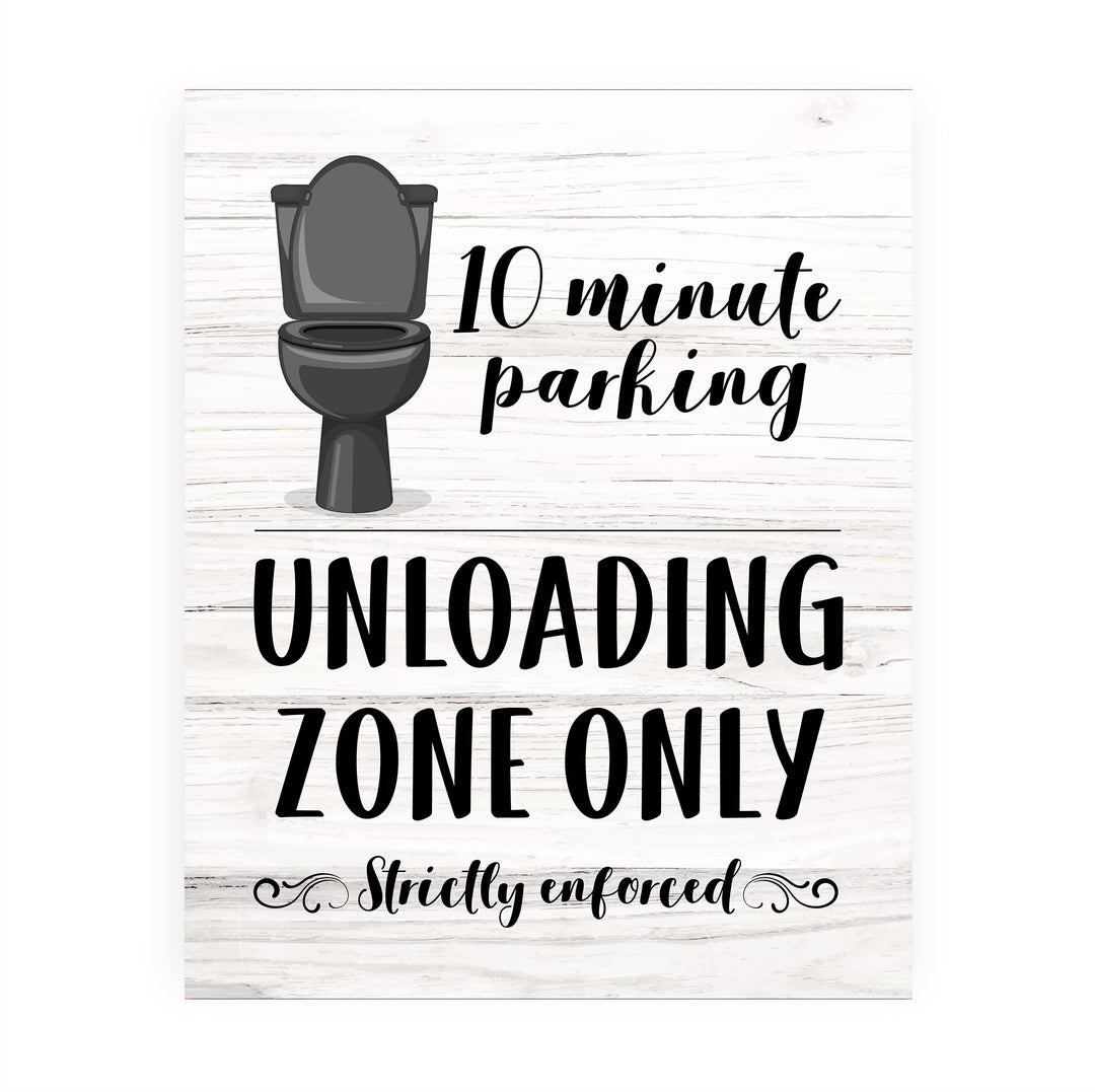 "10 Minute Parking -Unloading Zone Only" Funny Bathroom Wall Art Sign - 8x10" Modern Farmhouse Toilet Humor Print -Ready to Frame. Great Decor for Home, Office, Guest Bathroom! Fun Gift!