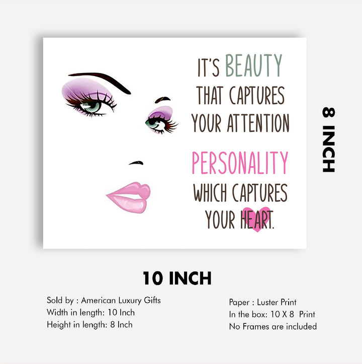 Beauty Captures Your Attention- Inspirational Quotes Wall Art -10 x 8" Makeup Face Silhouette Print -Ready to Frame. Home-Girls Bedroom-Studio-Salon Decor. Inspire Confidence in Teens &amp; Women!