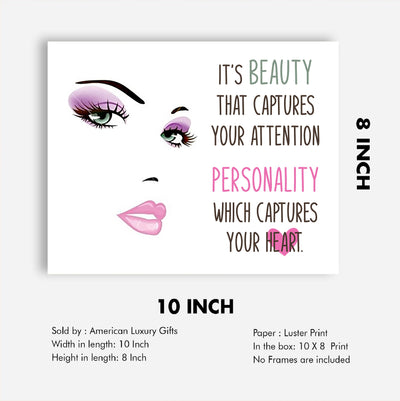 Beauty Captures Your Attention- Inspirational Quotes Wall Art -10 x 8" Makeup Face Silhouette Print -Ready to Frame. Home-Girls Bedroom-Studio-Salon Decor. Inspire Confidence in Teens & Women!