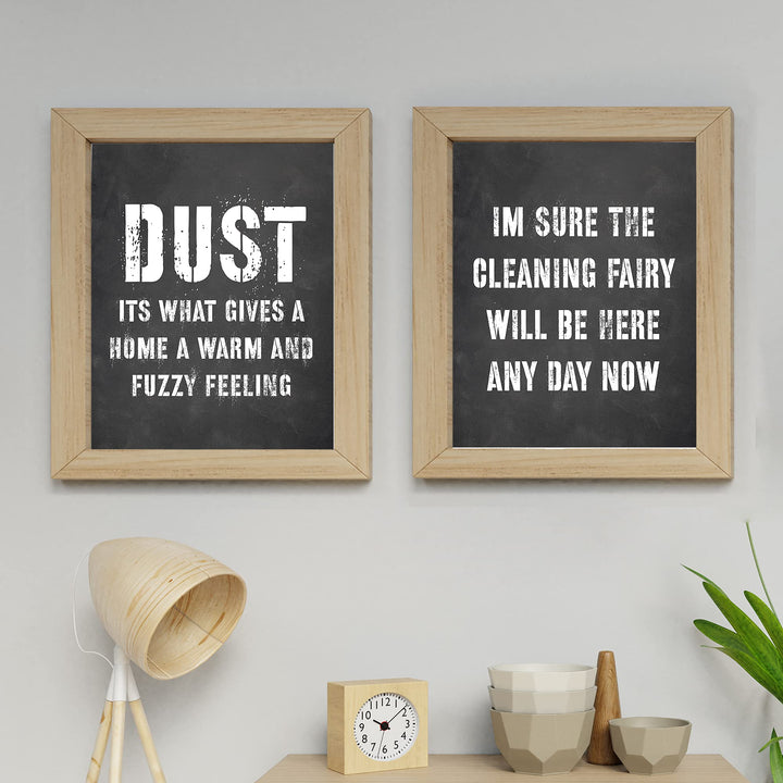 Cleaning Fairy -Set of (2)-8x10" Funny Wall Art Prints-"Dust-Gives Home Warm Fuzzy Feeling" Humorous House Cleaning Prints-Ready to Frame. Home-Office-Guest-Cabin Decor. Fun Housewarming Gift!