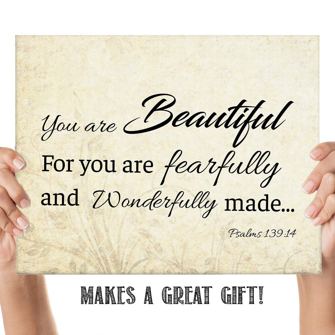 You are Beautiful. Fearfully &amp; Wonderfully Made-Psalm 139:14- Bible Verse Wall Art. 10 x 8"-Scripture Wall Print-Ready to Frame. Modern Typographic Floral Design. Home-Office D?cor. Christian Gifts.