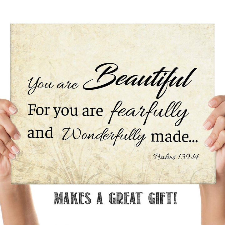 You are Beautiful. Fearfully &amp; Wonderfully Made-Psalm 139:14- Bible Verse Wall Art. 10 x 8"-Scripture Wall Print-Ready to Frame. Modern Typographic Floral Design. Home-Office D?cor. Christian Gifts.