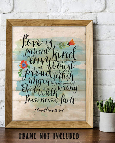 Love is Patient-Kind-Never Fails- 1 Corinthians 13: 4-8. Bible Verse Wall Art- 8x10" Modern Floral-Rustic Design. Scripture Wall Print-Ready to Frame. Home-Office-Church D?cor. Great Christian Gift!