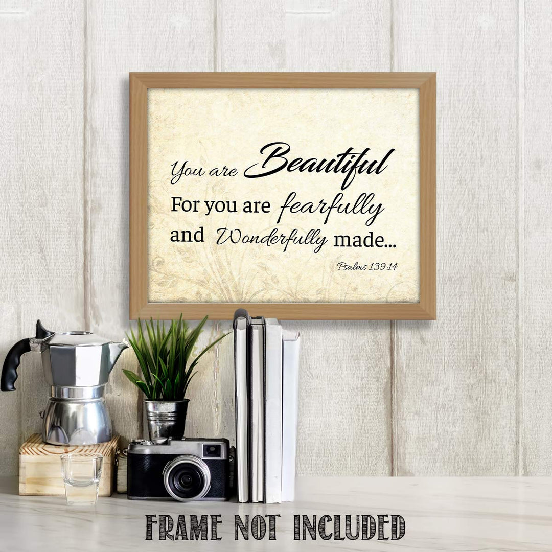 You are Beautiful. Fearfully &amp; Wonderfully Made-Psalm 139:14- Bible Verse Wall Art. 10 x 8"-Scripture Wall Print-Ready to Frame. Modern Typographic Floral Design. Home-Office D?cor. Christian Gifts.