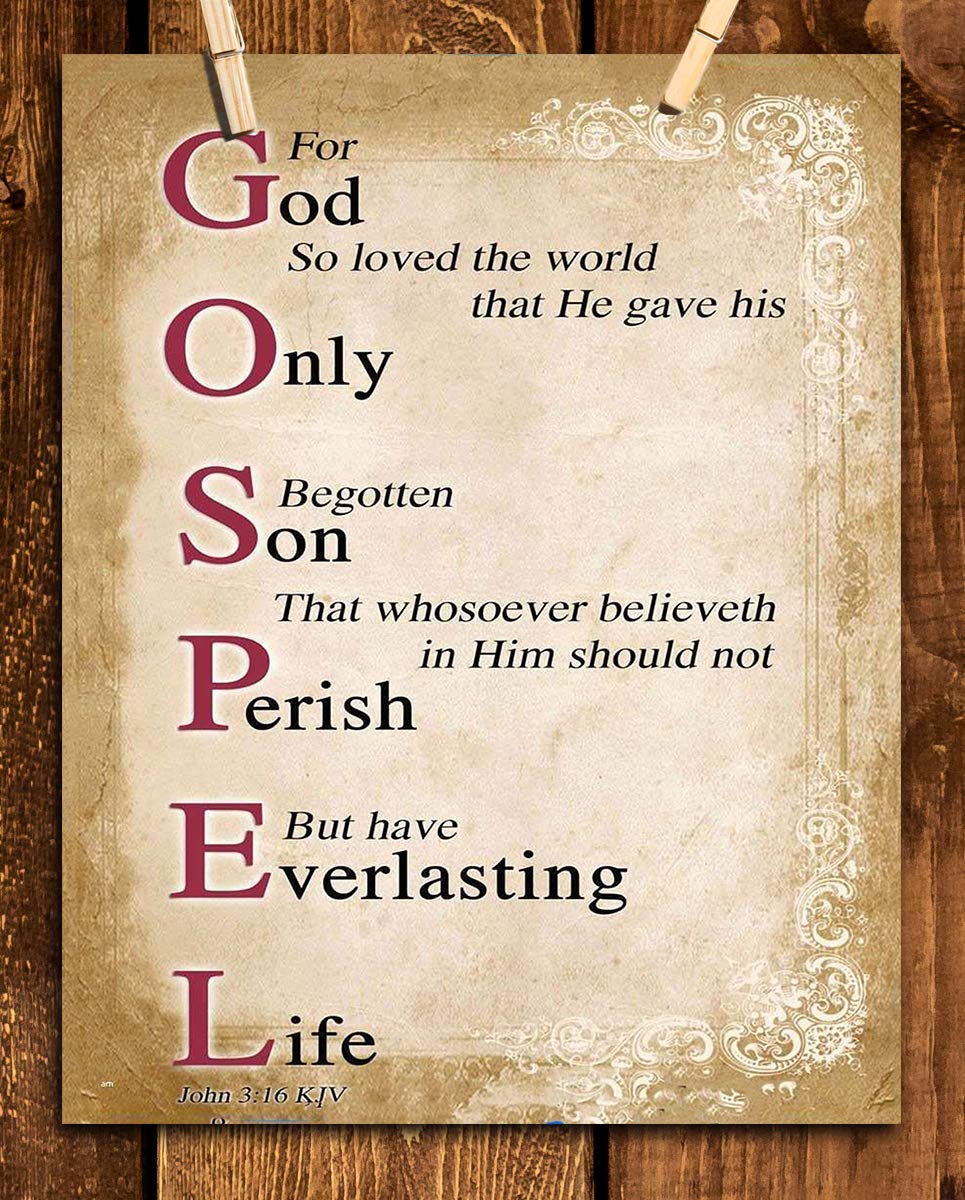 Gospel Sign- For God So Loved the World- John 3:16-Bible Verse Wall Art. 8 x 10"-Scripture Wall Print-Ready to Frame. Distressed Typographic-Parchment Design. Home-Office-Church D?cor. Best Verse!
