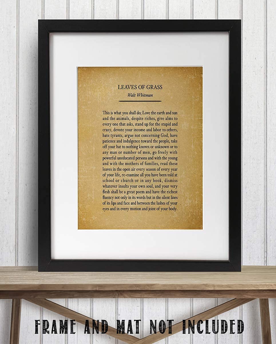 Leaves Of Grass- Walt Whitman Poem Page Print- 8 x 10" Poetic Wall Art. Distressed Parchment Print-Ready To Frame. Retro Home-Office-Study-School-Library Decor. Great Art Gift for Poetry Fans.