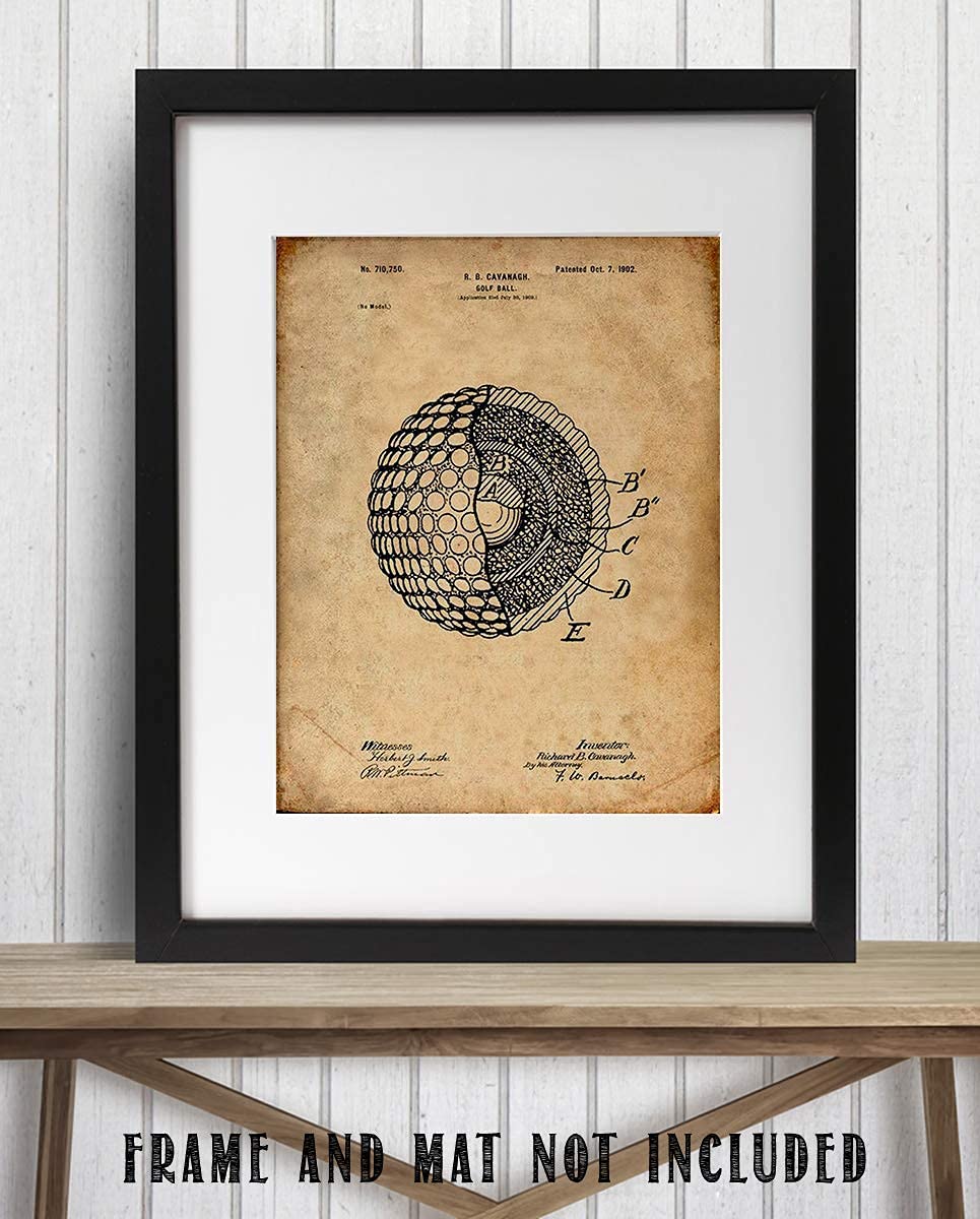 Golf Ball-Patent Print- 8 x10" Golf Wall Art Decor- Parchment Prints Replica- Ready To Frame. Golf Gifts- Home Decor- Office Decor. Great for Man Cave, Club House, Bar or 19th Hole.