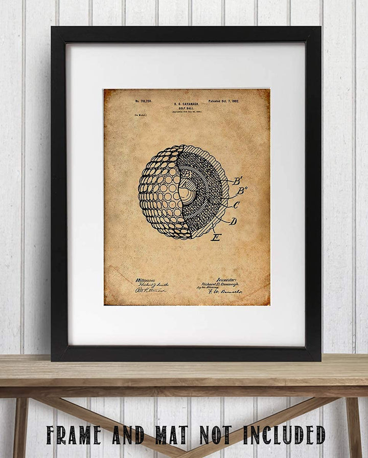 Golf Ball-Patent Print- 8 x10" Golf Wall Art Decor- Parchment Prints Replica- Ready To Frame. Golf Gifts- Home Decor- Office Decor. Great for Man Cave, Club House, Bar or 19th Hole.
